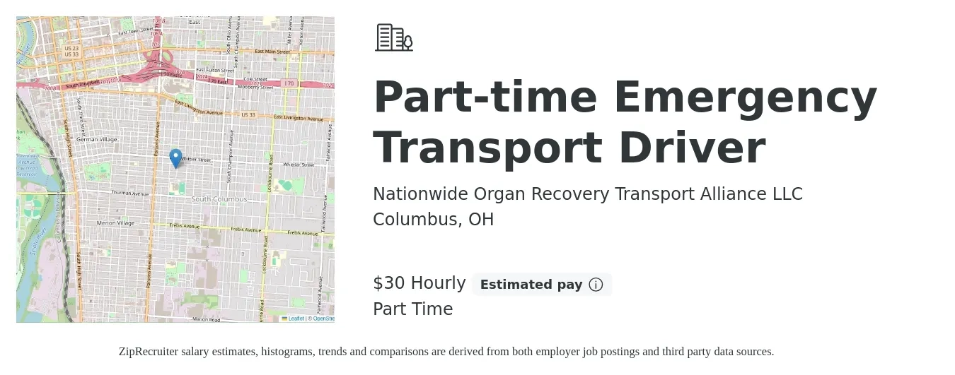 Nationwide Organ Recovery Transport Alliance LLC job posting for a Part-time Emergency Transport Driver in Columbus, OH with a salary of $32 Hourly with a map of Columbus location.