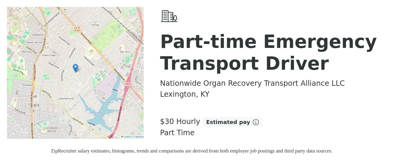 Nationwide Organ Recovery Transport Alliance LLC job posting for a Part-time Emergency Transport Driver in Lexington, KY with a salary of $32 Hourly with a map of Lexington location.