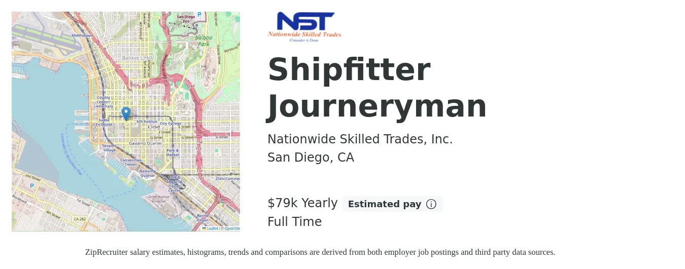 Nationwide Skilled Trades, Inc. job posting for a Shipfitter Journeryman in San Diego, CA with a salary of $79,040 Yearly with a map of San Diego location.