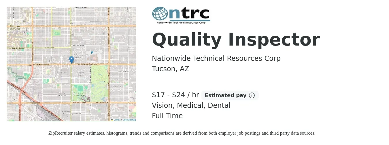 Nationwide Technical Resources Corp job posting for a Quality Inspector in Tucson, AZ with a salary of $18 to $25 Hourly and benefits including medical, pto, retirement, vision, dental, and life_insurance with a map of Tucson location.