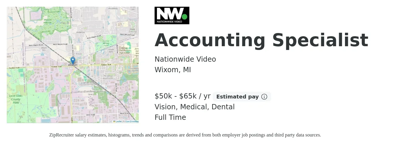 Nationwide Video job posting for a Accounting Specialist in Wixom, MI with a salary of $50,000 to $65,000 Yearly and benefits including dental, life_insurance, medical, retirement, and vision with a map of Wixom location.