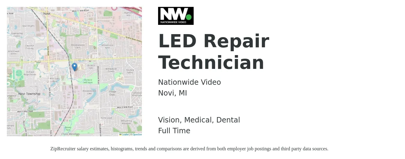 Nationwide Video job posting for a LED Repair Technician in Novi, MI with a salary of $23 to $25 Daily and benefits including retirement, vision, dental, life_insurance, and medical with a map of Novi location.