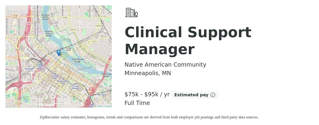 Native American Community job posting for a Clinical Support Manager in Minneapolis, MN with a salary of $75,000 to $95,000 Yearly with a map of Minneapolis location.