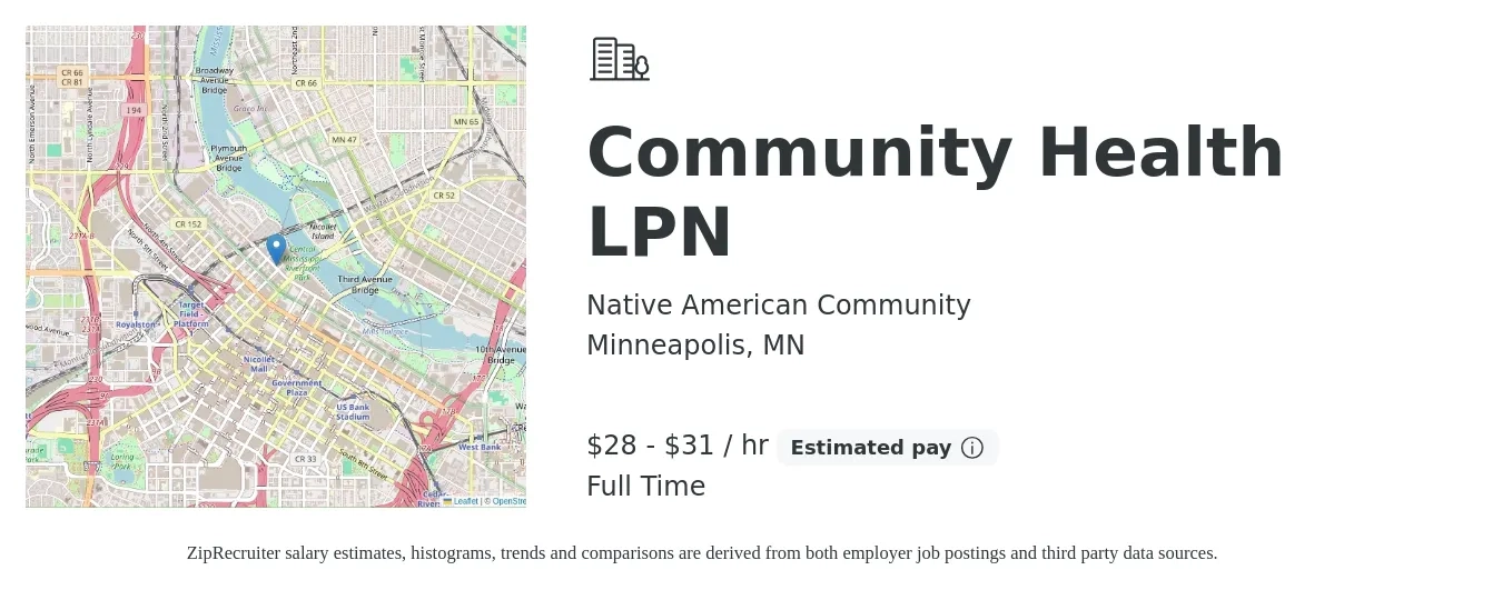 Native American Community job posting for a Community Health LPN in Minneapolis, MN with a salary of $30 to $33 Hourly with a map of Minneapolis location.