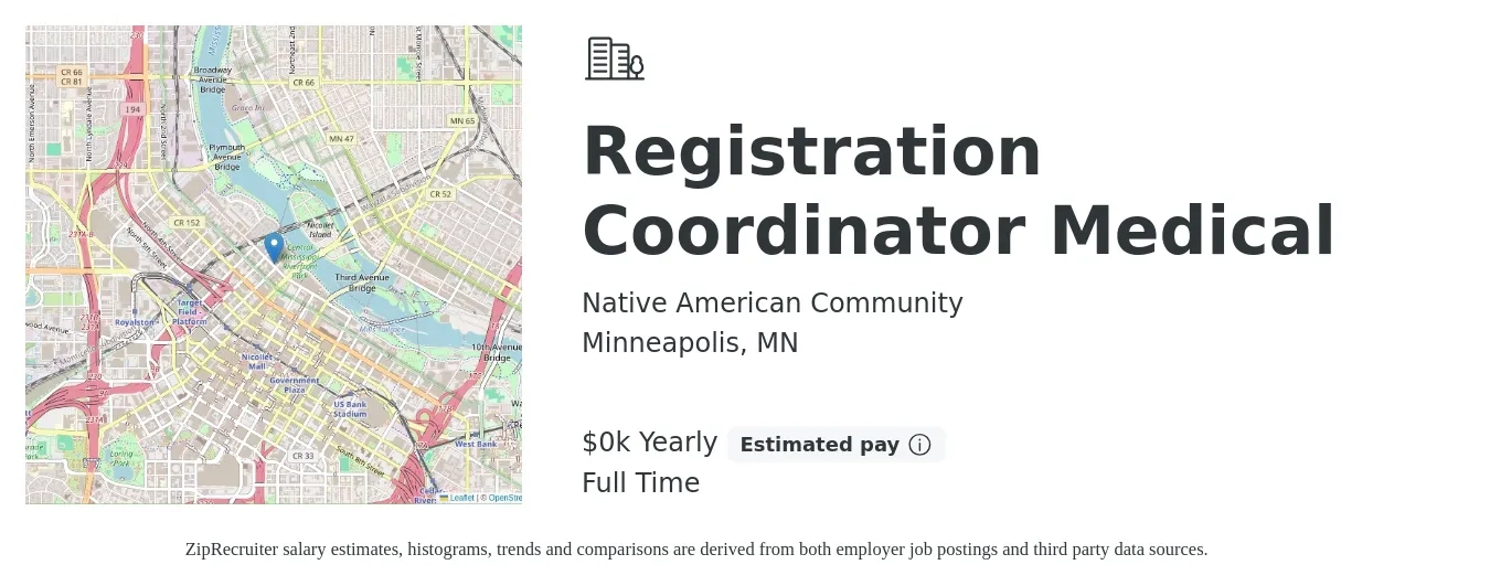 Native American Community job posting for a Registration Coordinator Medical in Minneapolis, MN with a salary of $20 to $22 Yearly with a map of Minneapolis location.