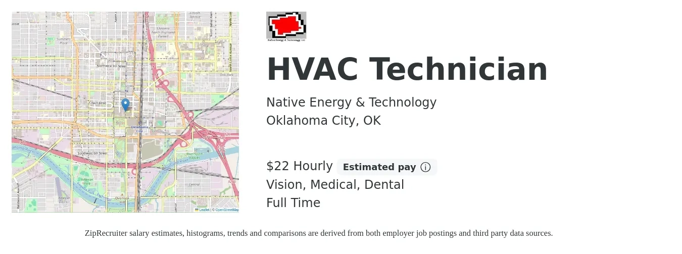Native Energy & Technology job posting for a HVAC Technician in Oklahoma City, OK with a salary of $23 Hourly and benefits including life_insurance, medical, retirement, vision, and dental with a map of Oklahoma City location.