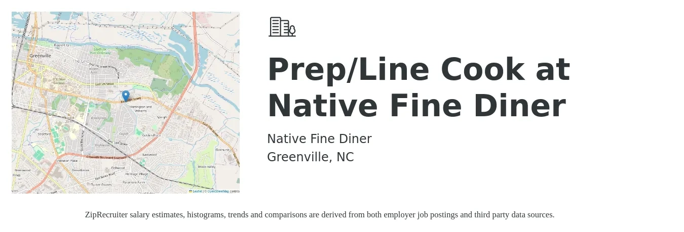 Native Fine Diner job posting for a Prep/Line Cook at Native Fine Diner in Greenville, NC with a salary of $14 to $18 Hourly with a map of Greenville location.