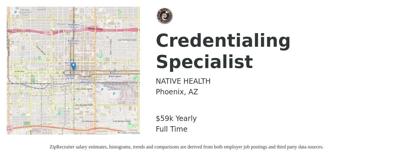 NATIVE HEALTH job posting for a Credentialing Specialist in Phoenix, AZ with a salary of $59,987 Yearly with a map of Phoenix location.