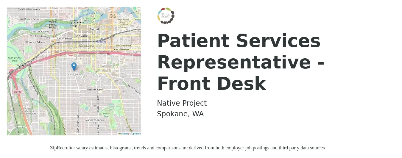 Native Project job posting for a Patient Services Representative - Front Desk in Spokane, WA with a salary of $18 to $22 Hourly with a map of Spokane location.