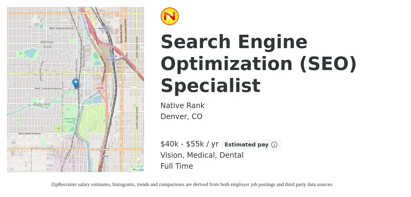 Native Rank job posting for a Search Engine Optimization (SEO) Specialist in Denver, CO with a salary of $40,000 to $55,000 Yearly and benefits including life_insurance, medical, retirement, vision, and dental with a map of Denver location.