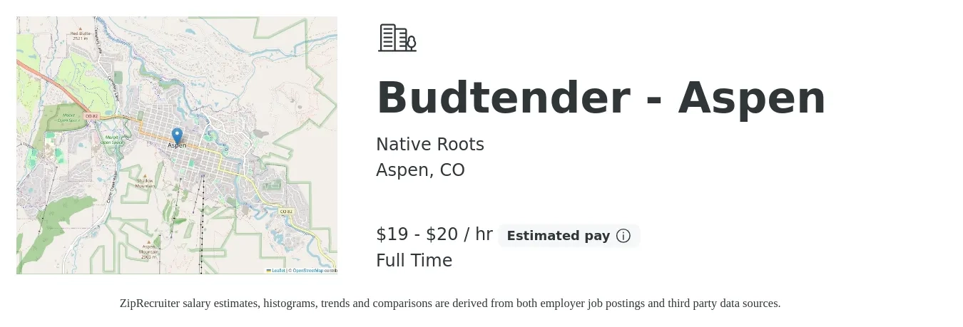 Native Roots job posting for a Budtender - Aspen in Aspen, CO with a salary of $20 to $21 Hourly with a map of Aspen location.
