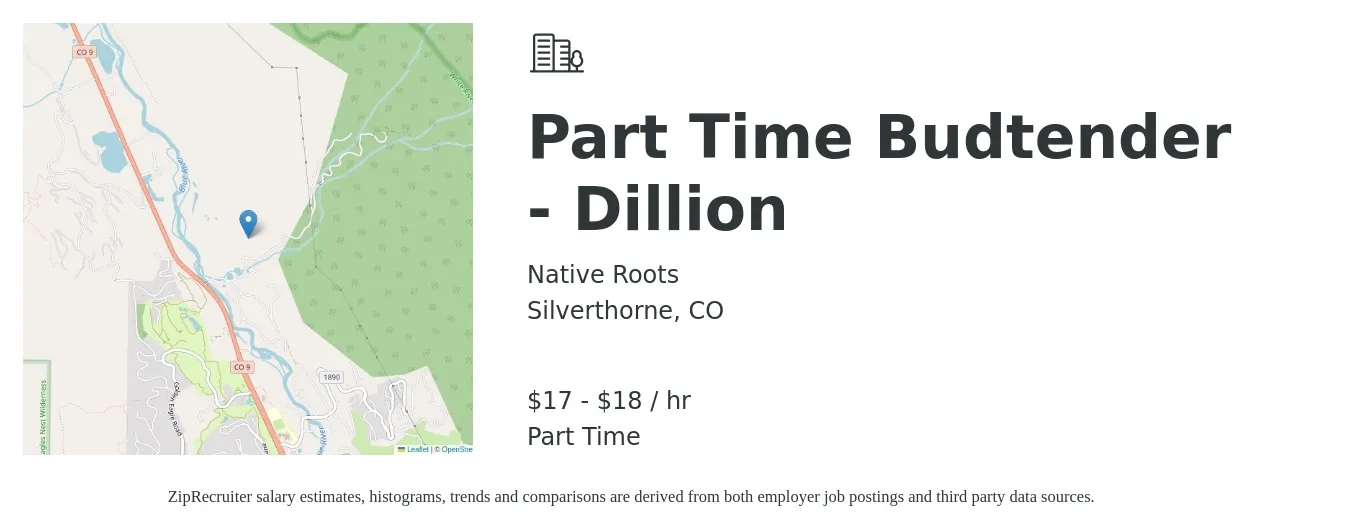 Native Roots job posting for a Part Time Budtender - Dillion in Silverthorne, CO with a salary of $18 to $19 Hourly with a map of Silverthorne location.