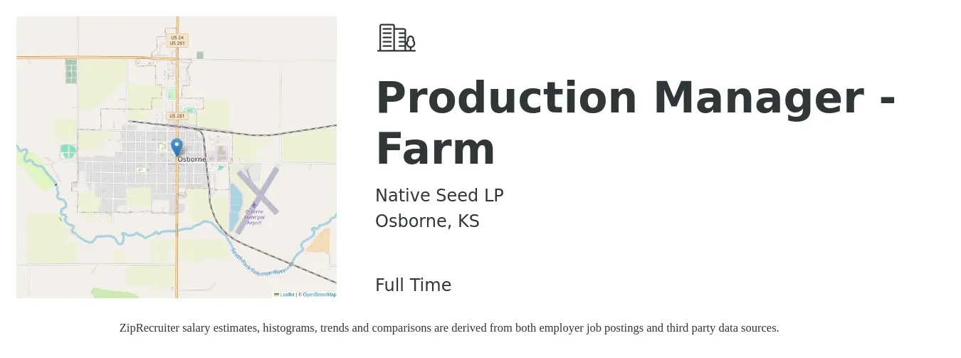Native Seed job posting for a Production Manager - Farm in Osborne, KS with a salary of $37,200 to $62,900 Yearly with a map of Osborne location.
