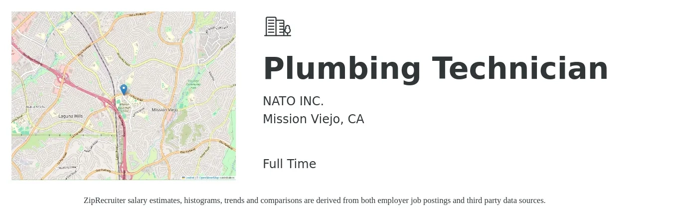NATO INC. job posting for a Plumbing Technician in Mission Viejo, CA with a salary of $27 to $40 Hourly with a map of Mission Viejo location.