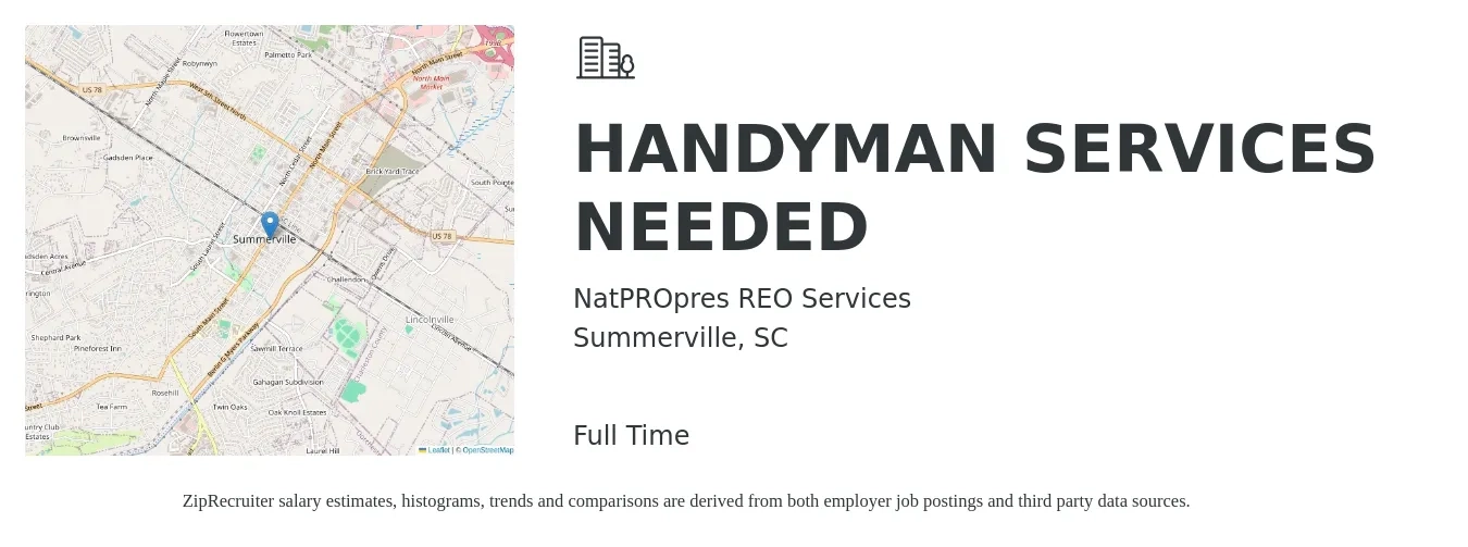 NatPROpres REO Services job posting for a HANDYMAN SERVICES NEEDED in Summerville, SC with a salary of $19 to $27 Hourly with a map of Summerville location.