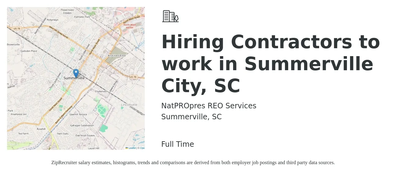 NatPROpres REO Services job posting for a Hiring Contractors to work in Summerville City, SC in Summerville, SC with a salary of $670 to $1,130 Weekly with a map of Summerville location.