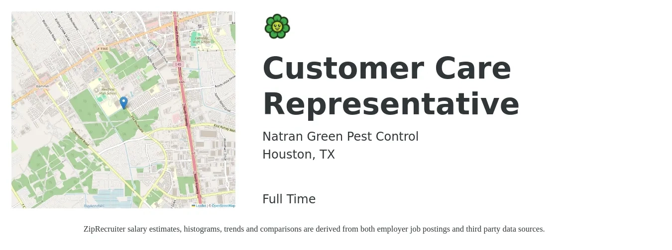 Natran Green Pest Control job posting for a Customer Care Representative in Houston, TX with a salary of $14 to $19 Hourly with a map of Houston location.