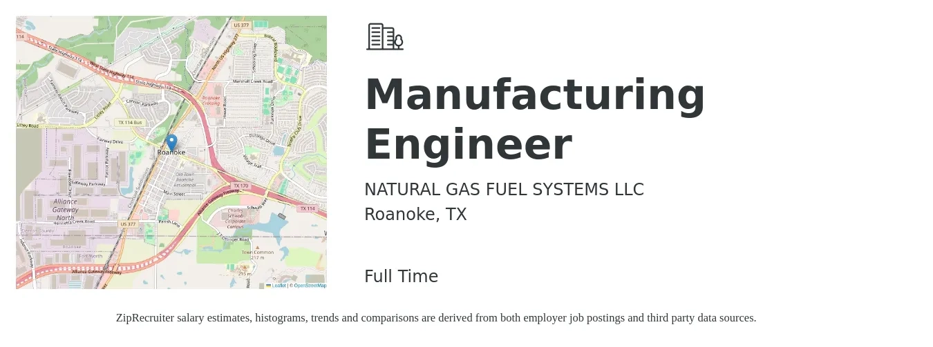 NATURAL GAS FUEL SYSTEMS LLC job posting for a Manufacturing Engineer in Roanoke, TX with a salary of $70,100 to $90,300 Yearly with a map of Roanoke location.
