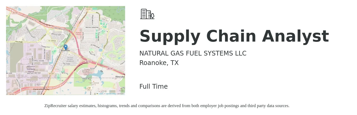 NATURAL GAS FUEL SYSTEMS LLC job posting for a Supply Chain Analyst in Roanoke, TX with a salary of $56,700 to $80,200 Yearly with a map of Roanoke location.