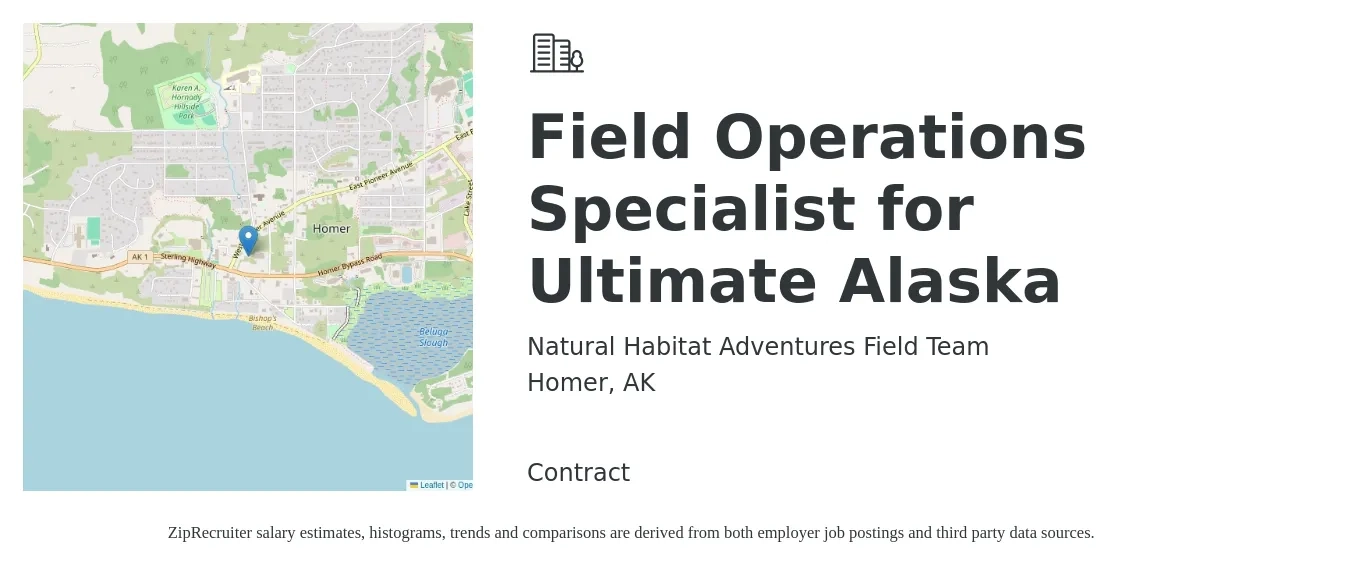 Natural Habitat Adventures Field Team job posting for a Field Operations Specialist for Ultimate Alaska in Homer, AK with a salary of $49,900 to $84,700 Yearly with a map of Homer location.