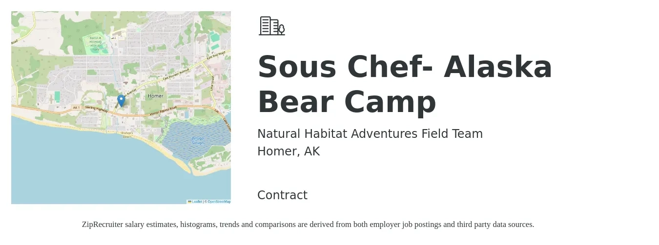 Natural Habitat Adventures Field Team job posting for a Sous Chef- Alaska Bear Camp in Homer, AK with a salary of $52,000 to $70,200 Yearly with a map of Homer location.