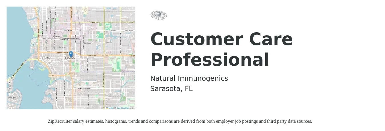 Natural Immunogenics job posting for a Customer Care Professional in Sarasota, FL with a salary of $14 to $18 Hourly with a map of Sarasota location.