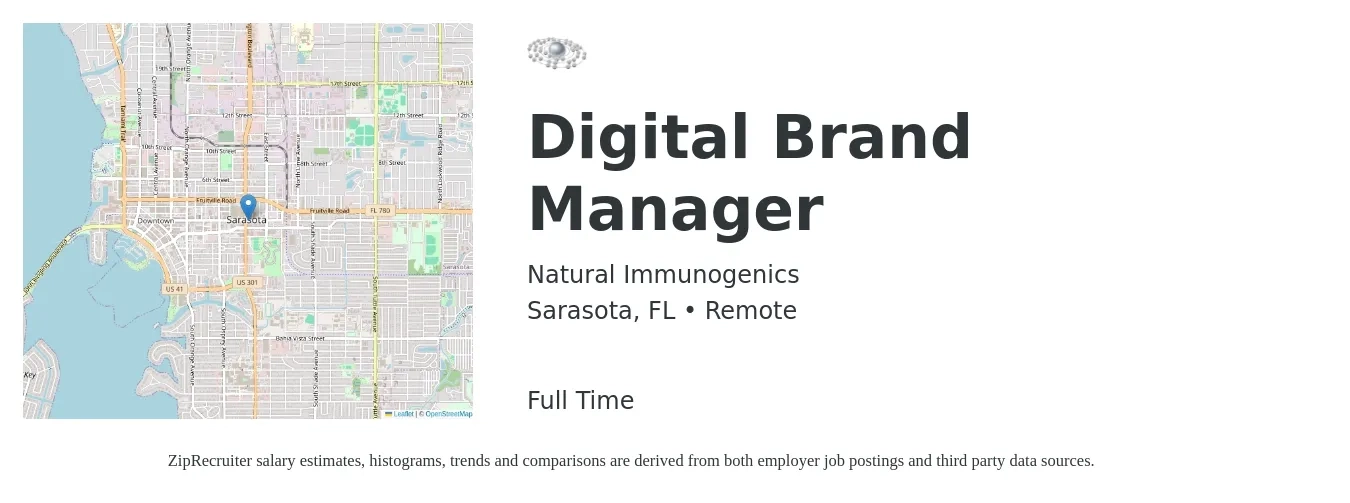 Natural Immunogenics job posting for a Digital Brand Manager in Sarasota, FL with a salary of $63,600 to $92,900 Yearly with a map of Sarasota location.