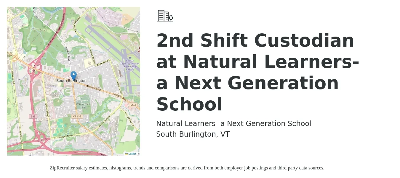 Natural Learners- a Next Generation School job posting for a 2nd Shift Custodian at Natural Learners- a Next Generation School in South Burlington, VT with a salary of $14 to $18 Hourly with a map of South Burlington location.