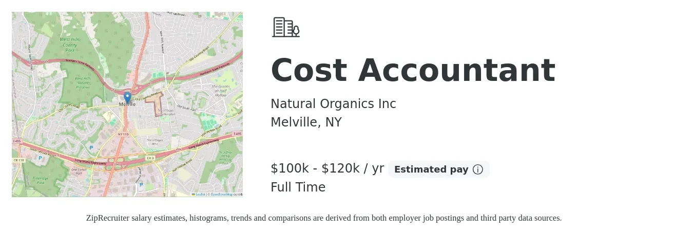 Natural Organics Inc job posting for a Cost Accountant in Melville, NY with a salary of $100,000 to $120,000 Yearly with a map of Melville location.