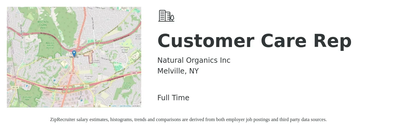 Natural Organics Inc job posting for a Customer Care Rep in Melville, NY with a salary of $21 to $23 Hourly with a map of Melville location.