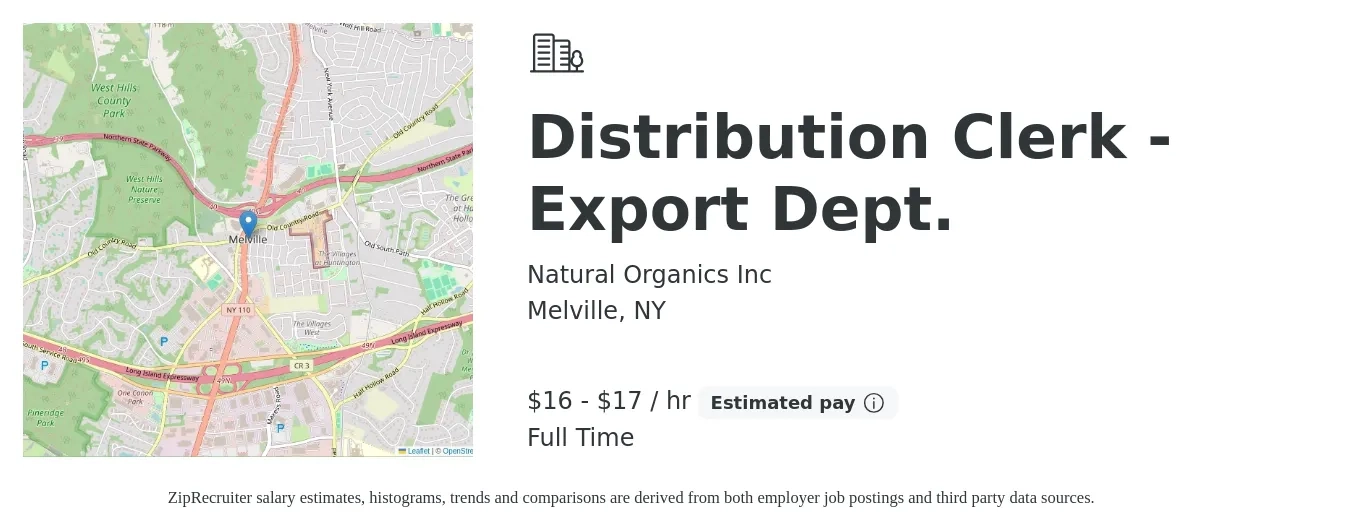 Natural Organics Inc job posting for a Distribution Clerk - Export Dept. in Melville, NY with a salary of $17 to $18 Hourly with a map of Melville location.
