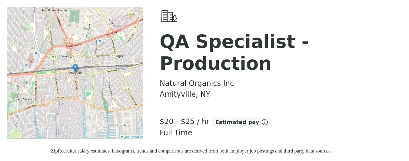 Natural Organics Inc job posting for a QA Specialist - Production in Amityville, NY with a salary of $21 to $26 Hourly with a map of Amityville location.