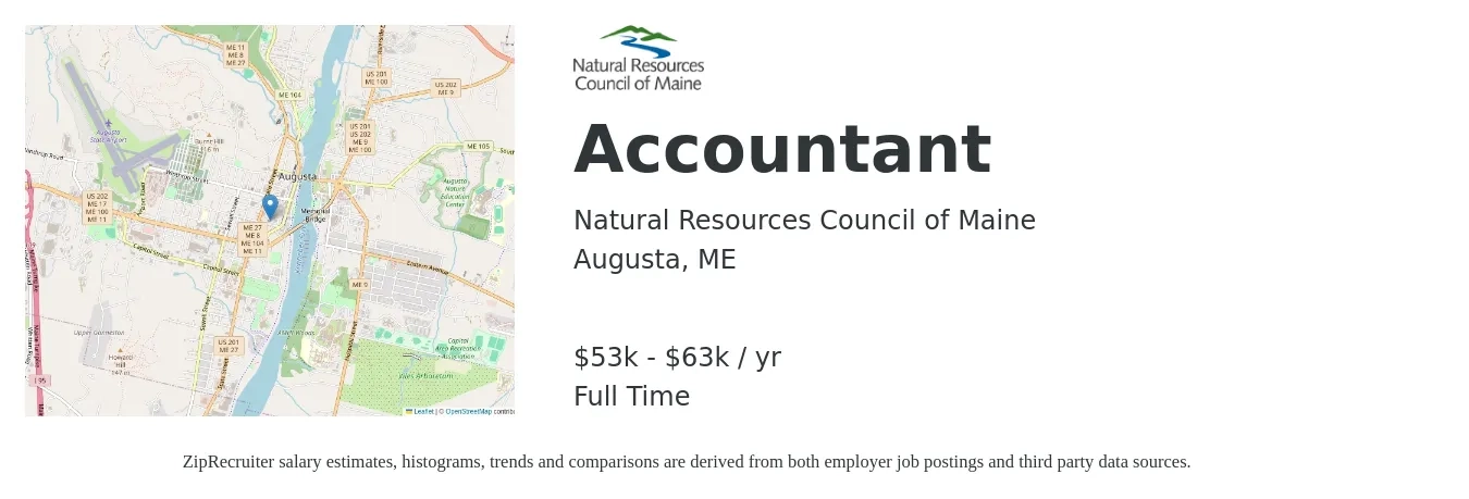Natural Resources Council of Maine job posting for a Accountant in Augusta, ME with a salary of $53,000 to $63,000 Yearly with a map of Augusta location.