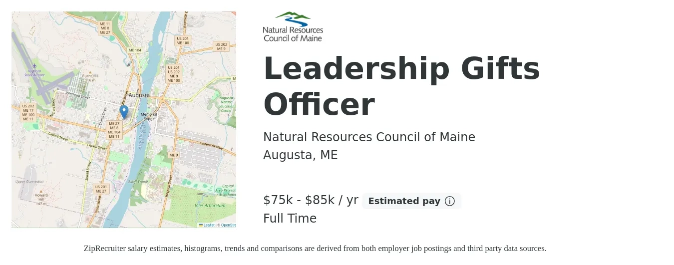 Natural Resources Council of Maine job posting for a Leadership Gifts Officer in Augusta, ME with a salary of $75,000 to $85,000 Yearly with a map of Augusta location.