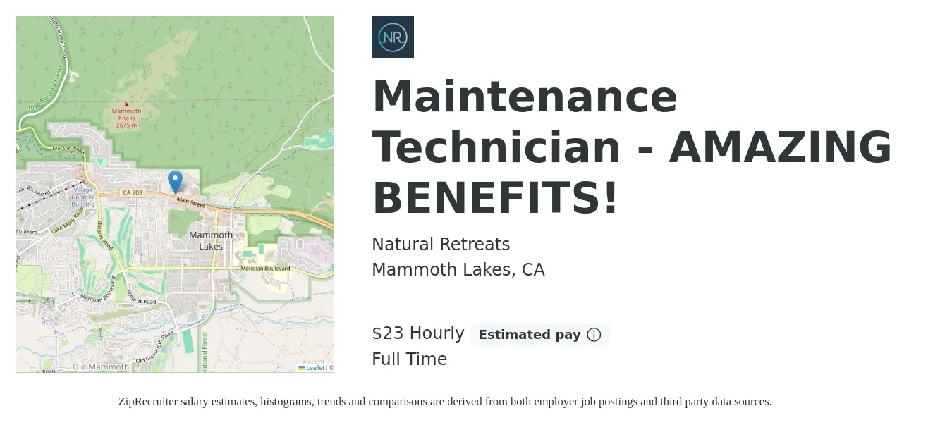 Natural Retreats job posting for a Maintenance Technician - AMAZING BENEFITS! in Mammoth Lakes, CA with a salary of $24 Hourly with a map of Mammoth Lakes location.