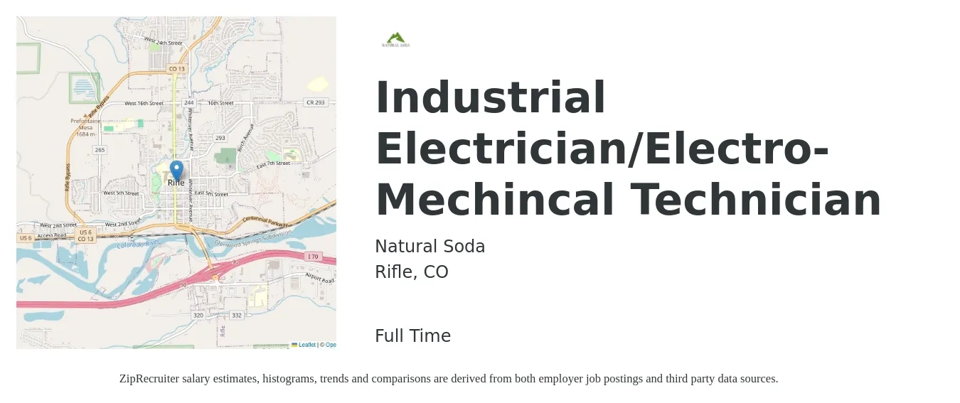 Natural Soda job posting for a Industrial Electrician/Electro-Mechincal Technician in Rifle, CO with a salary of $28 to $36 Hourly with a map of Rifle location.