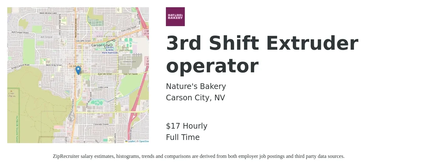 Nature's Bakery job posting for a 3rd Shift Extruder operator in Carson City, NV with a salary of $18 Hourly with a map of Carson City location.