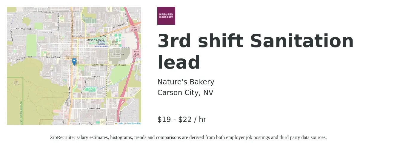 Nature's Bakery job posting for a 3rd shift Sanitation lead in Carson City, NV with a salary of $20 to $23 Hourly with a map of Carson City location.