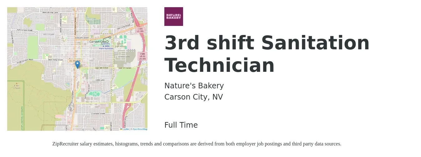 Nature's Bakery job posting for a 3rd shift Sanitation Technician in Carson City, NV with a salary of $16 to $20 Hourly with a map of Carson City location.