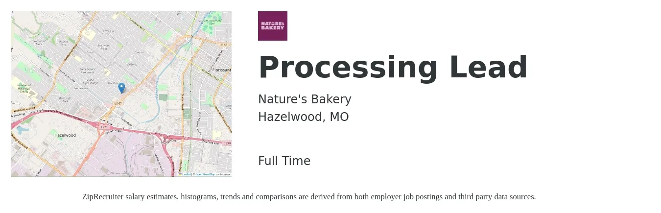 Nature's Bakery job posting for a Processing Lead in Hazelwood, MO with a salary of $26 to $67 Hourly with a map of Hazelwood location.