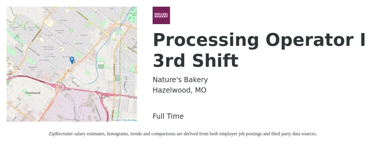 Nature's Bakery job posting for a Processing Operator I 3rd Shift in Hazelwood, MO with a salary of $18 to $23 Hourly with a map of Hazelwood location.