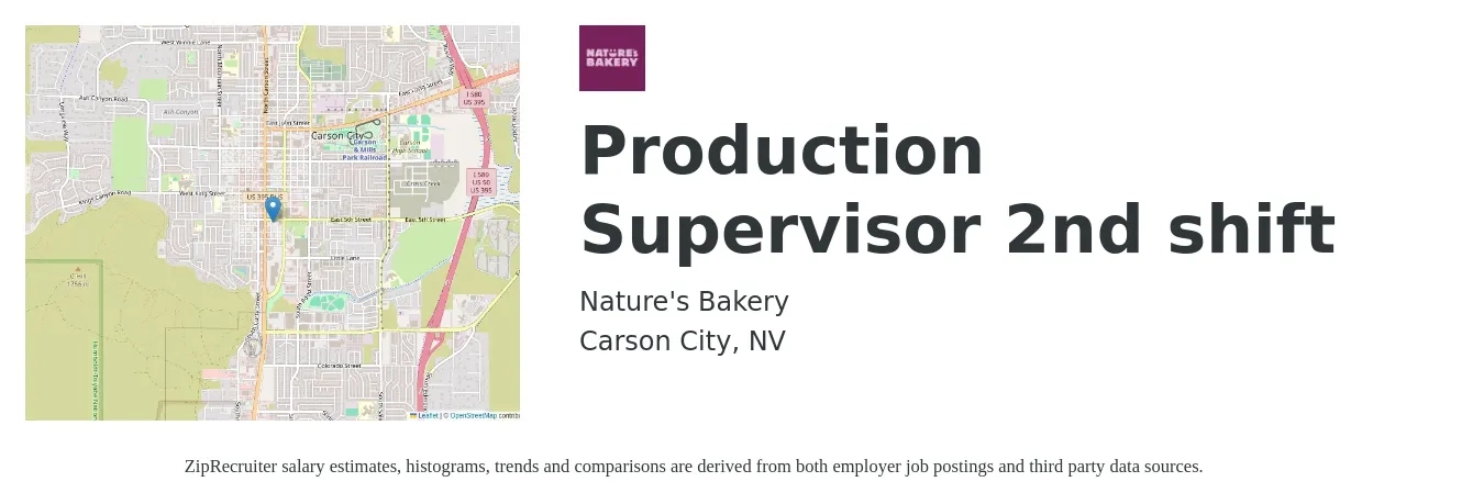 Nature's Bakery job posting for a Production Supervisor 2nd shift in Carson City, NV with a salary of $52,400 to $71,000 Yearly with a map of Carson City location.
