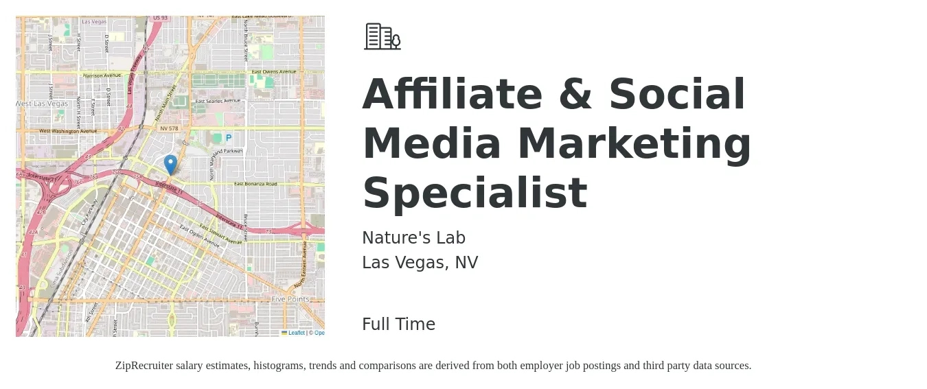 Nature's Lab job posting for a Affiliate & Social Media Marketing Specialist in Las Vegas, NV with a salary of $40,100 to $59,200 Yearly with a map of Las Vegas location.