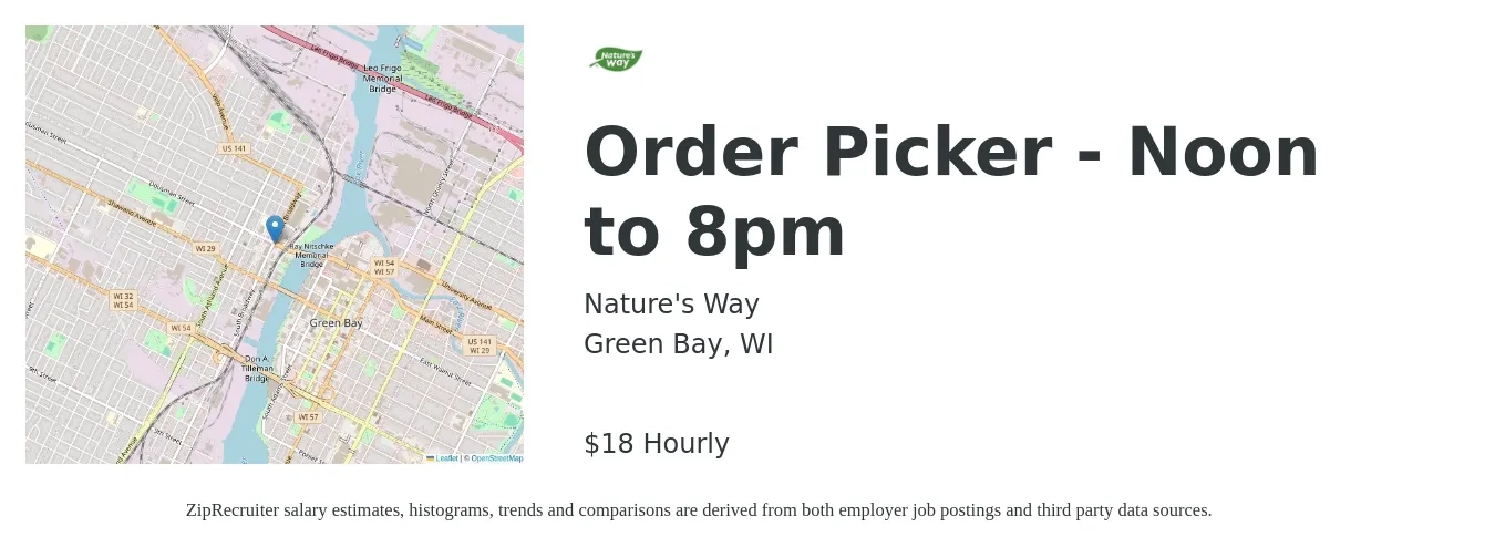 Nature's Way job posting for a Order Picker - Noon to 8pm in Green Bay, WI with a salary of $19 Hourly with a map of Green Bay location.