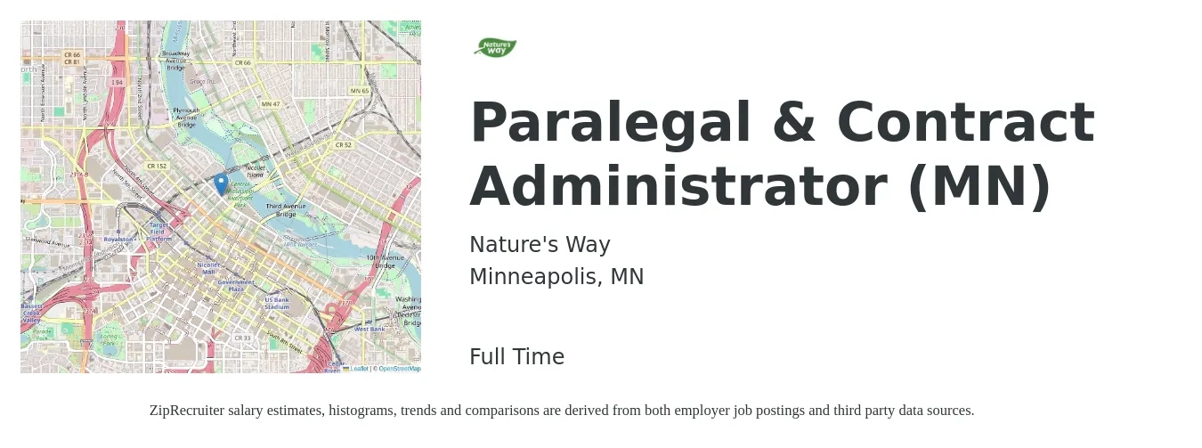 Nature's Way job posting for a Paralegal & Contract Administrator (MN) in Minneapolis, MN with a salary of $31 to $44 Hourly with a map of Minneapolis location.