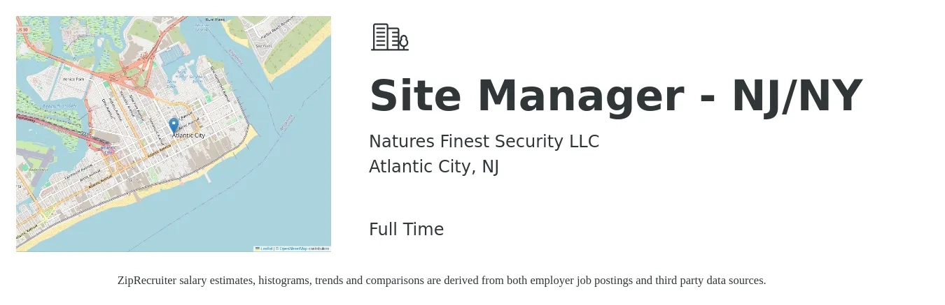 Natures Finest Security LLC job posting for a Site Manager - NJ/NY in Atlantic City, NJ with a salary of $50,200 to $121,600 Yearly with a map of Atlantic City location.