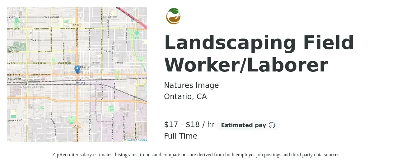 Natures Image job posting for a Landscaping Field Worker/Laborer in Ontario, CA with a salary of $18 to $19 Hourly with a map of Ontario location.