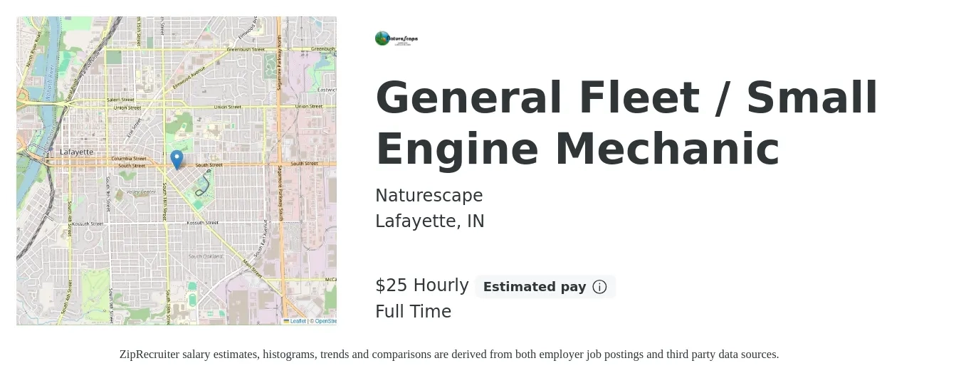 Naturescape job posting for a General Fleet / Small Engine Mechanic in Lafayette, IN with a salary of $27 Hourly with a map of Lafayette location.