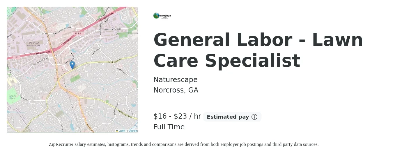 Naturescape job posting for a General Labor - Lawn Care Specialist in Norcross, GA with a salary of $17 to $24 Hourly with a map of Norcross location.