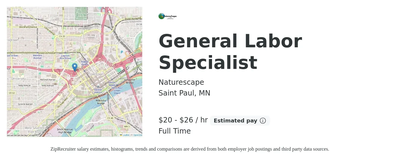 Naturescape job posting for a General Labor Specialist in Saint Paul, MN with a salary of $21 to $28 Hourly with a map of Saint Paul location.
